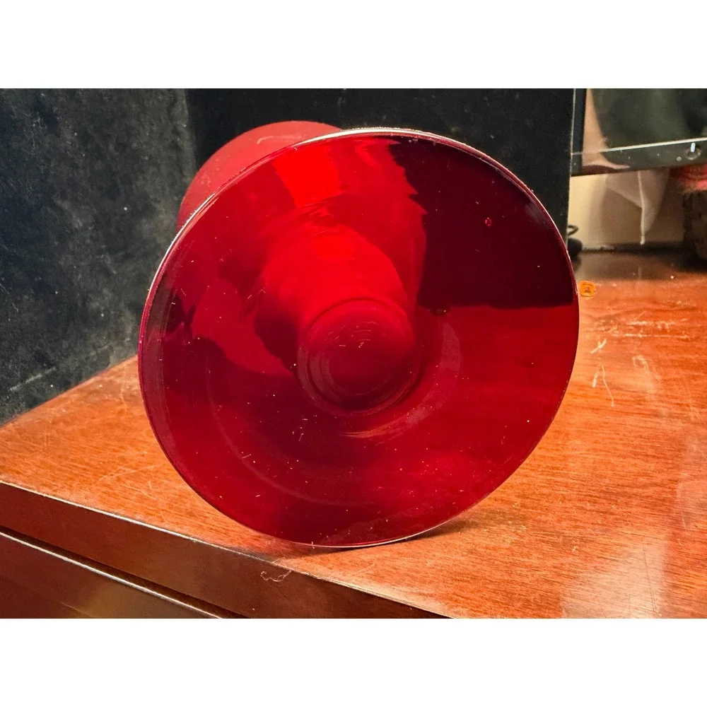 Vintage Ruby Red Glass Hurricane‎ Vase Footed Pedestal Centerpiece Flared Rim